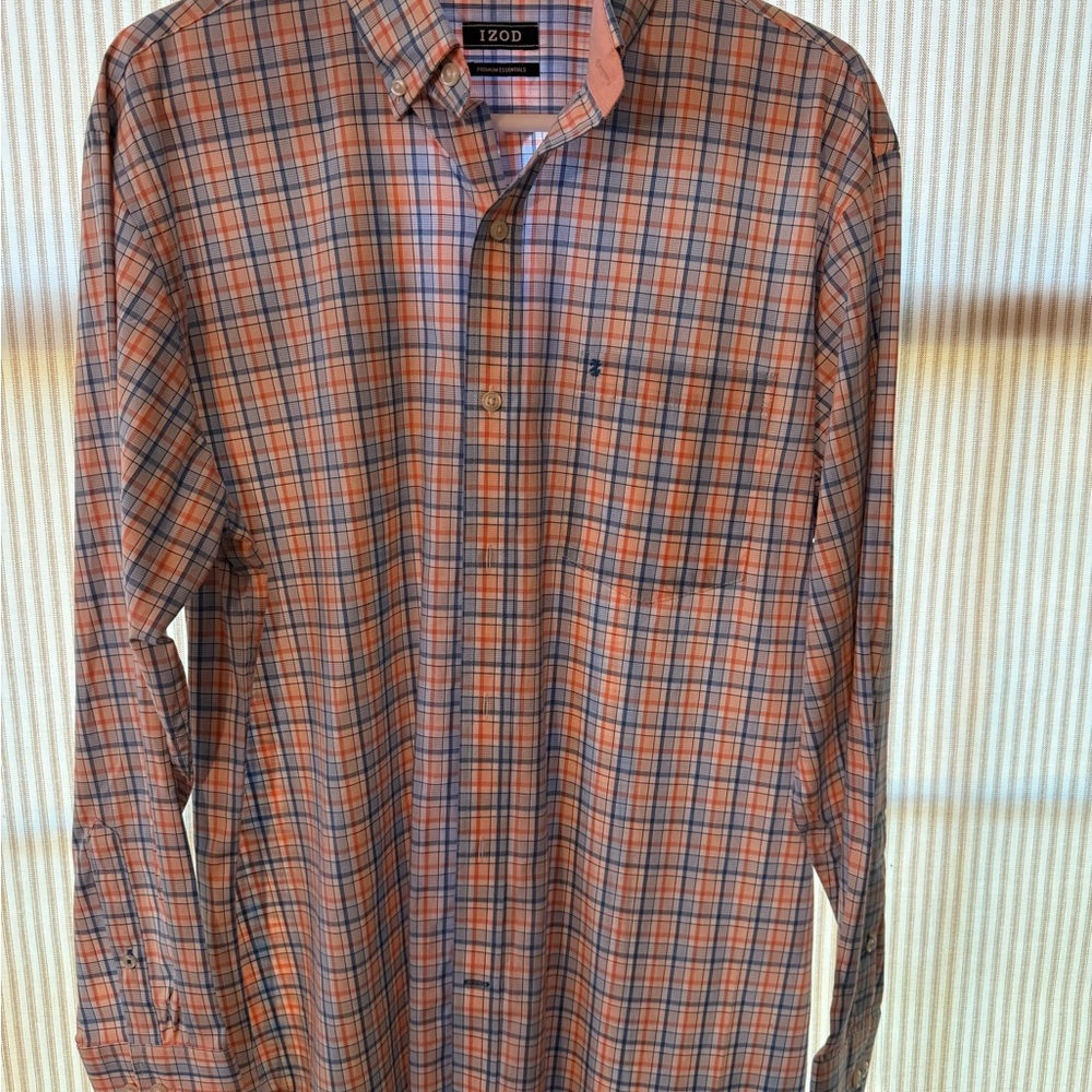 Izod Men's Casual Orange and Blue Plaid Shirt